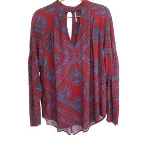 Free People Red Blue Paisley Print Mock Neck Keyhole Bell Sleeve Blouse Top S